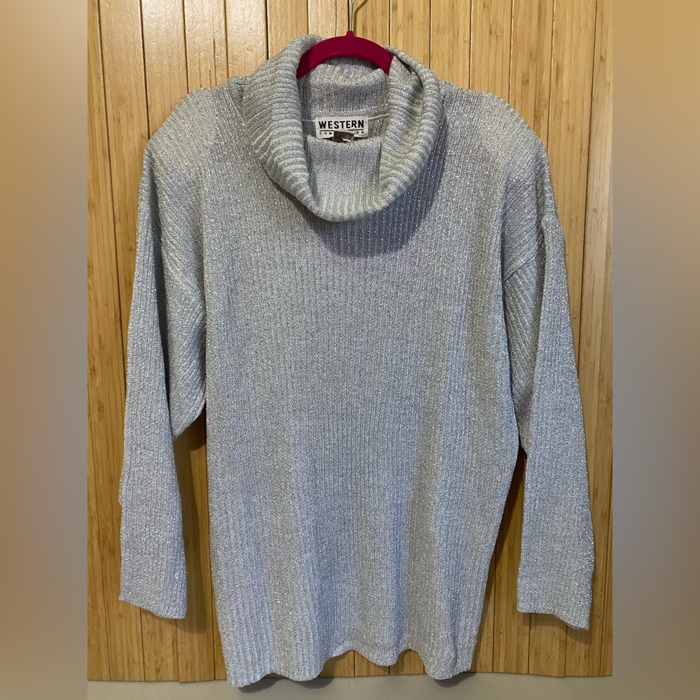Rib Knit Cowl Neck Long Sleeve Sweater Women's Sz Large Metallic Shoulder Pads